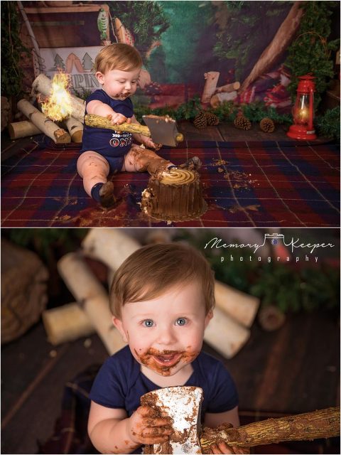 Baby boy first birthday cake smash with the theme of "Wild One". Boy using an axe to smash the cake.