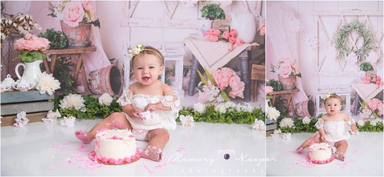 Baby girl cake smash with a tea party theme. 